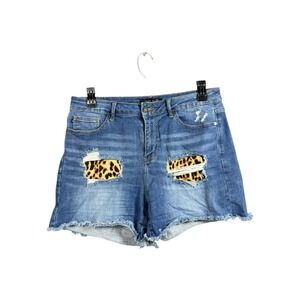Judy Blue Shorts Medium Denim Jean High Waist Leopard Patch Distressed Size 2XL